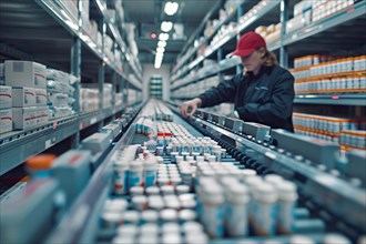 Worker in a red cap selecting medication in a warehouse, AI generated