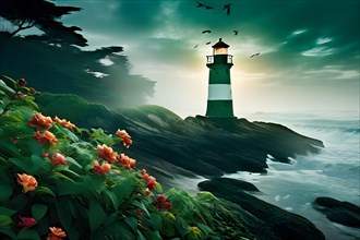 Lighthouse nestled against a vast ocean with waves rhythmically crashed onto the rocky shoreline,