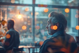 Pensive man sitting inside a cafe as the city's evening lights create a bokeh effect, AI generated