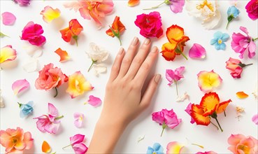 Woman's hand on white background with flower petals around AI generated