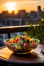 Vibrant quinoa salad brimming with diverse hues placed in a transparent glass bowl on a rustic