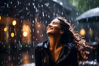 Spontaneous dance in the rain capturing freedom and joy of a person fully immersed in the moment,