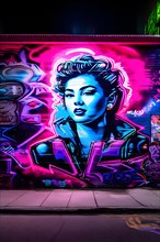 Vibrant graffiti wall with neon 90s pop culture, AI generated