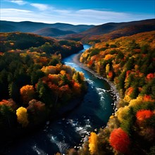 Aerial photo of a winding river meandering through dense forest with autumn colors, AI generated