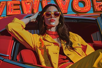 A woman in a yellow outfit posing in a retro convertible with neon city signs, illustration, AI