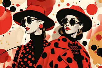 Illustration of two stylish ladies in red with polka dots, hats, and sunglasses, illustration, AI