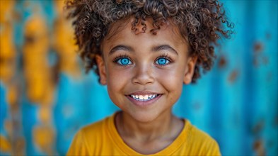 A young child with curly hair and blue eyes smiles radiantly against a patterned backdrop, AI