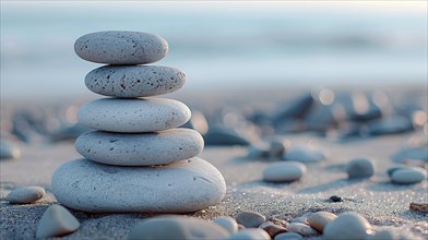 A serene stack of smooth stones on a beach with a soft focus background, image depicting