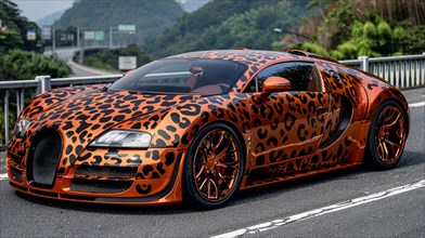 Orange leopard print sports car on european road, AI generated