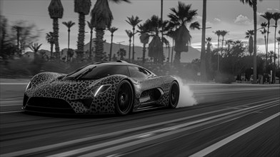 Monochromatic image of a hybrid concept car speeding down a road lined with palm trees, AI