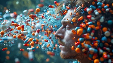 A man with a surprised expression as a multitude of colorful pills float around his face, AI
