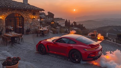 A red sports car parked in front of a village house with smoke and a warm sunset sky, AI generated