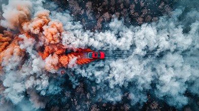 Aerial view of a car surrounded by vibrant colorful smoke, towering over a forested area, high