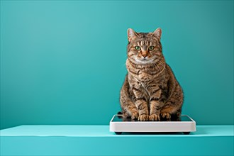 Overweight fat tabby cat sitting on white scales in front of teal background with copy sapce. KI