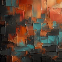 Chaotic abstract painting with layered turquoise, orange, and black textures, AI generated