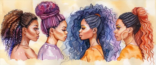 Watercolor illustration of four women with diverse hairstyles in profile view, banner 3:1 wide