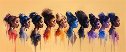Artistic representation of women's profiles in a spectrum of colors with diverse hairstyles and