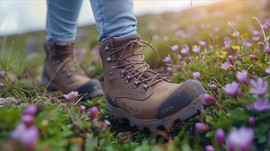 Pair of hiking boots stepping through grass and purple flowers, AI generated