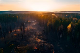 Dense forest showcasing charred trees aftermath of wildfires symbolizing climate change, AI