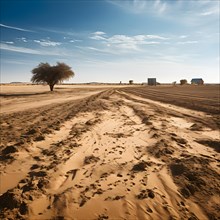 Desolate farmland overwhelmed by encroaching desert sands, AI generated