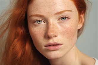 Portrait of young woman with freckles on skin and red hair. KI generiert, generiert, AI generated