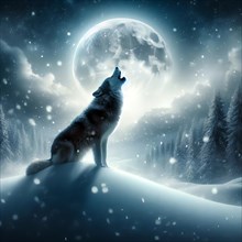 A wolf in a winter landscape howls at the full moon, AI generated, AI generated