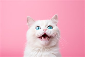 Meowing cat with open mouth on pink studio background. KI generiert, generiert, AI generated