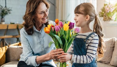 A girl happily hands a bouquet of tulips to an elderly woman, AI generated, AI generated
