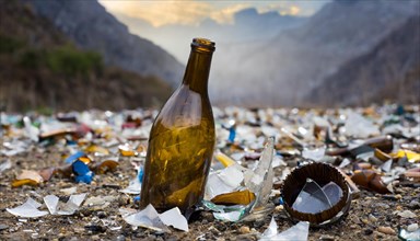 A broken bottle, shards, glass, environmental pollution, AI generated, AI generated