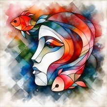 Abstract artwork with a woman's profile and fish, combining geometric shapes, depisc pisces zodiac
