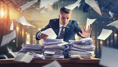 An overwhelmed businessman is surrounded by flying papers at work, symbol bureaucracy, AI