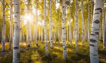 Sunlight streams through a serene birch forest with green foliage AI generated