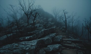 Mysterious stone path leading through a misty, bleak landscape with bare trees AI generated