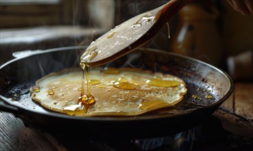 Syrup being poured on freshly cooked pancakes in a skillet, an action shot AI generated