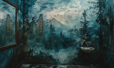 Surreal landscape painting spilling out into a room with a bathtub AI generated