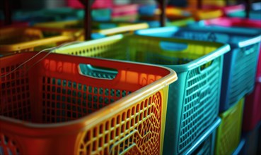 Colorful plastic baskets for shopping in the supermarket. Selective focus AI generated
