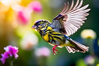 Siskin bird mid takeoff wings outstretched amidst vibrant summer garden, AI generated