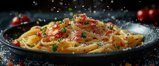 Close-up of pasta garnished with bacon, herbs, and a fine dusting of seasoning, AI generated