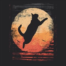 Dark cat silhouette against a textured moon, rendered in a grunge artistic style, AI generated