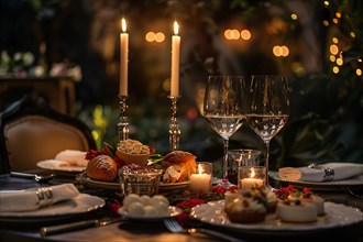 An intimate candlelit table setting prepared for a romantic dinner, AI generated