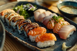 Assorted sushi and sashimi presented on an attractive plate with vibrant colors, AI generated