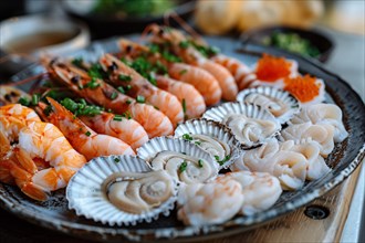 Assorted seafood with prawns and scallops attractively arranged on a platter, AI generated