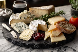 A rustic gourmet cheese board with a variety of cheeses, rosemary, and bread, AI generated