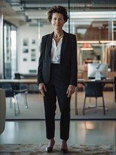 Elderly woman in business attire posed in a well-lit office with clean design aesthetics, AI