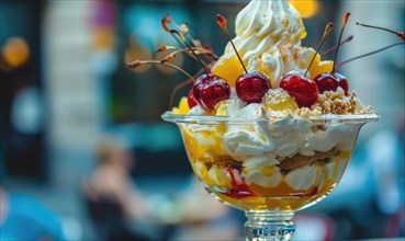 Sundae topped with cherries and whipped cream, closeup view, selective focus AI generated
