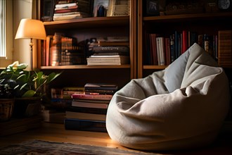 Bean bag chair nestled in a cozy reading corner, AI generated