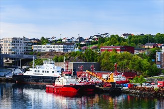 Ships in Industrial Zone over FjordSailing, Stavanger, Boknafjorden, Norway, Europe