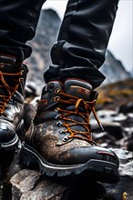 Hikers boots perched on a craggy trail, AI generated