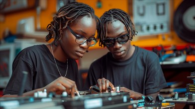 Focused pair of afro style teenagers wearing glasses working on music with DJ equipment in a studio