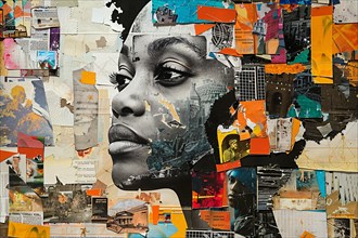 Expressive face depicted with a multicolored abstract collage including city elements,